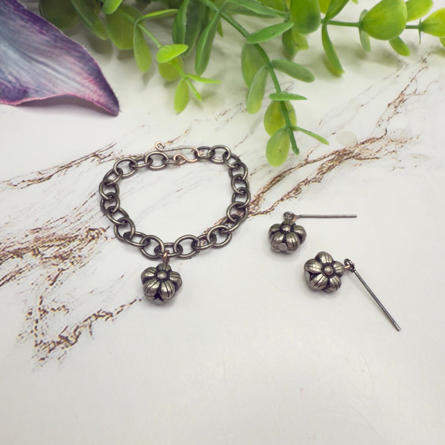 Flower Dangle Gunmetal Dark Silver Doll Necklace & Earrings • 14 Inch Fashion Doll Jewelry