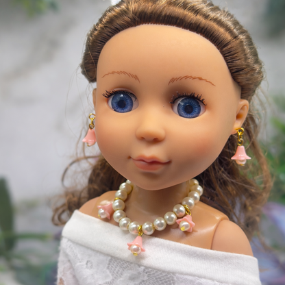 Light Pink Bell Flower Dangle Pearl Beaded Doll Necklace & Earrings • 14 Inch Fashion Doll Jewelry