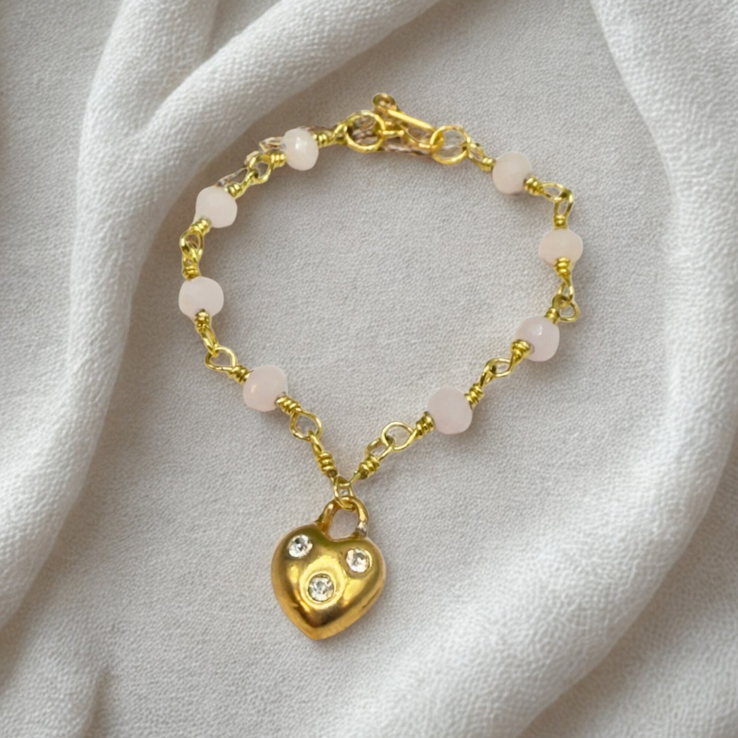 Light Pink Glass Bead Gold Heart Charm Doll Necklace • 14 Inch Fashion Doll Jewelry