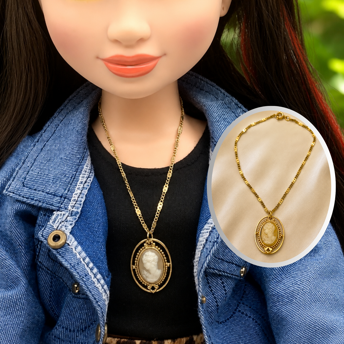Tan Brown Cameo Gold Tone Doll Necklace • 18 Inch Doll Jewelry