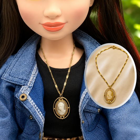Tan Brown Cameo Gold Tone Doll Necklace • 18 Inch Doll Jewelry