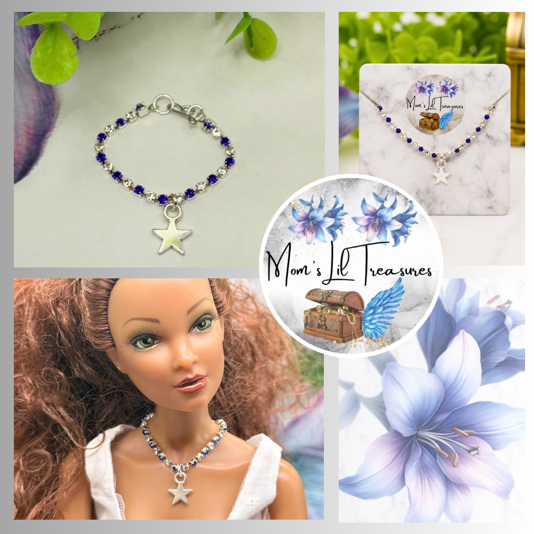 Blue & Clear Rhinestone Silver Star Charm Doll Necklace for 16 Inch Fashion Doll