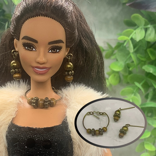 Brown Bronze Beaded Wire Doll Necklace Earring Set • 10-12” 1:6 Doll Jewelry