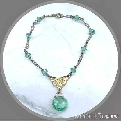Green Glass Crystal Pendant Gold Doll Necklace • 18 Inch Fashion Doll Jewelry