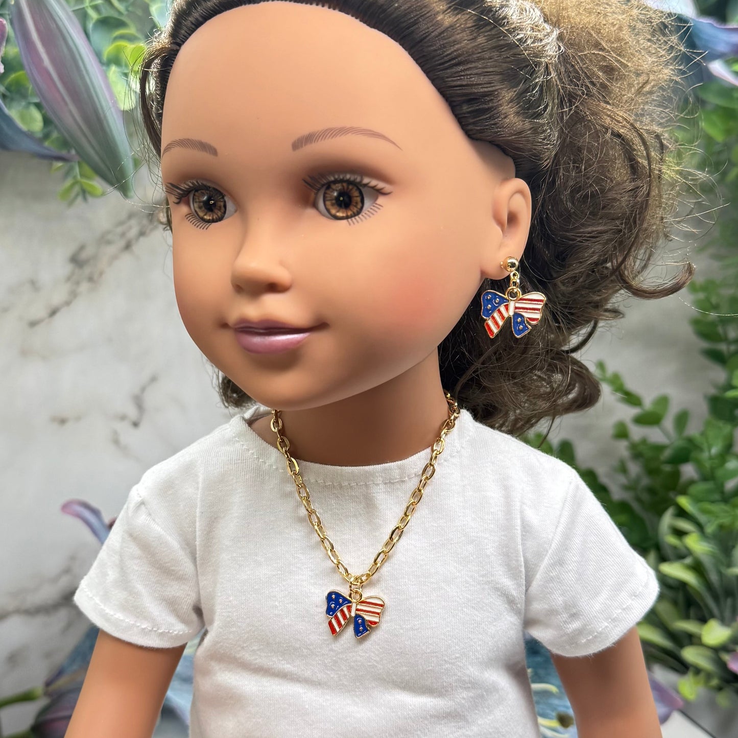 American Flag Bow Charm (Red White Blue) Doll Necklace & Earrings for 18 Inch Fashion Doll