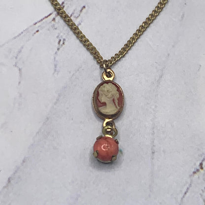 Coral Cameo Pendant Gold Chain Doll Necklace • 16” Fashion Doll Necklace