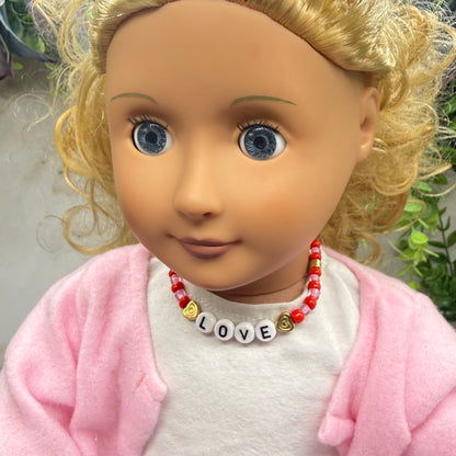Pink Red Beaded LOVE Heart Valentine’s Day Doll Necklace • 18 Inch Fashion Doll Jewelry
