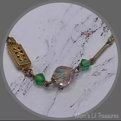 Handmade Pink Green Translucent Glass Crystal Beaded Necklace Earrings Set