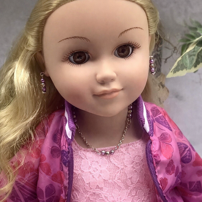 Light Purple Lilac Pearl Silver Necklace Earrings Set • 18 inch Fashion Doll Jewelry