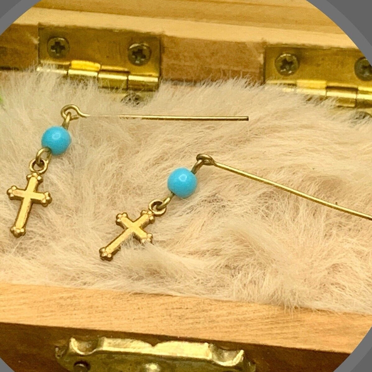 Turquoise Blue Glass Gold Cross Dangle Doll Earrings · 14” Fashion Doll Jewelry