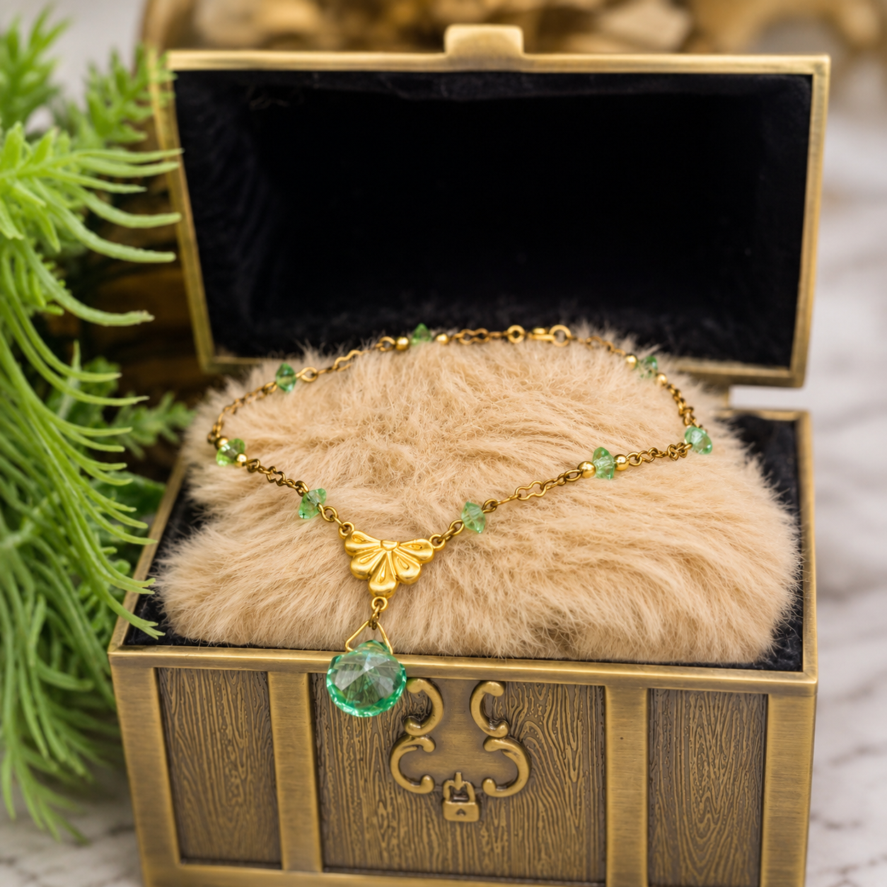 Green Glass Crystal Pendant Gold Doll Necklace • 18 Inch Fashion Doll Jewelry