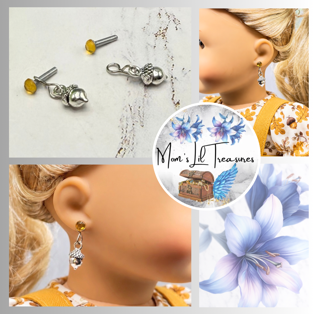 Silver Acorn Harvest Autumn Charm Yellow Rhinestone 2mm Post Doll Earrings | fits 18 Inch Dolls • American Girl