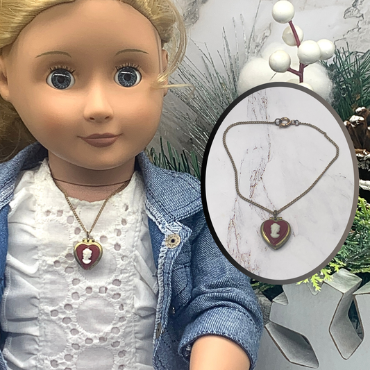 Burgundy Red Heart Cameo Locket Gold Chain Doll Necklace • 18” Doll Jewelry