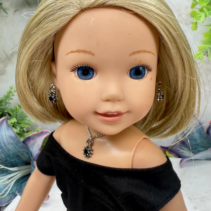 Black Rhinestone Flower Charm Silver Chain Doll Necklace & Earrings Set • 14 Inch Fashion Doll Jewelry
