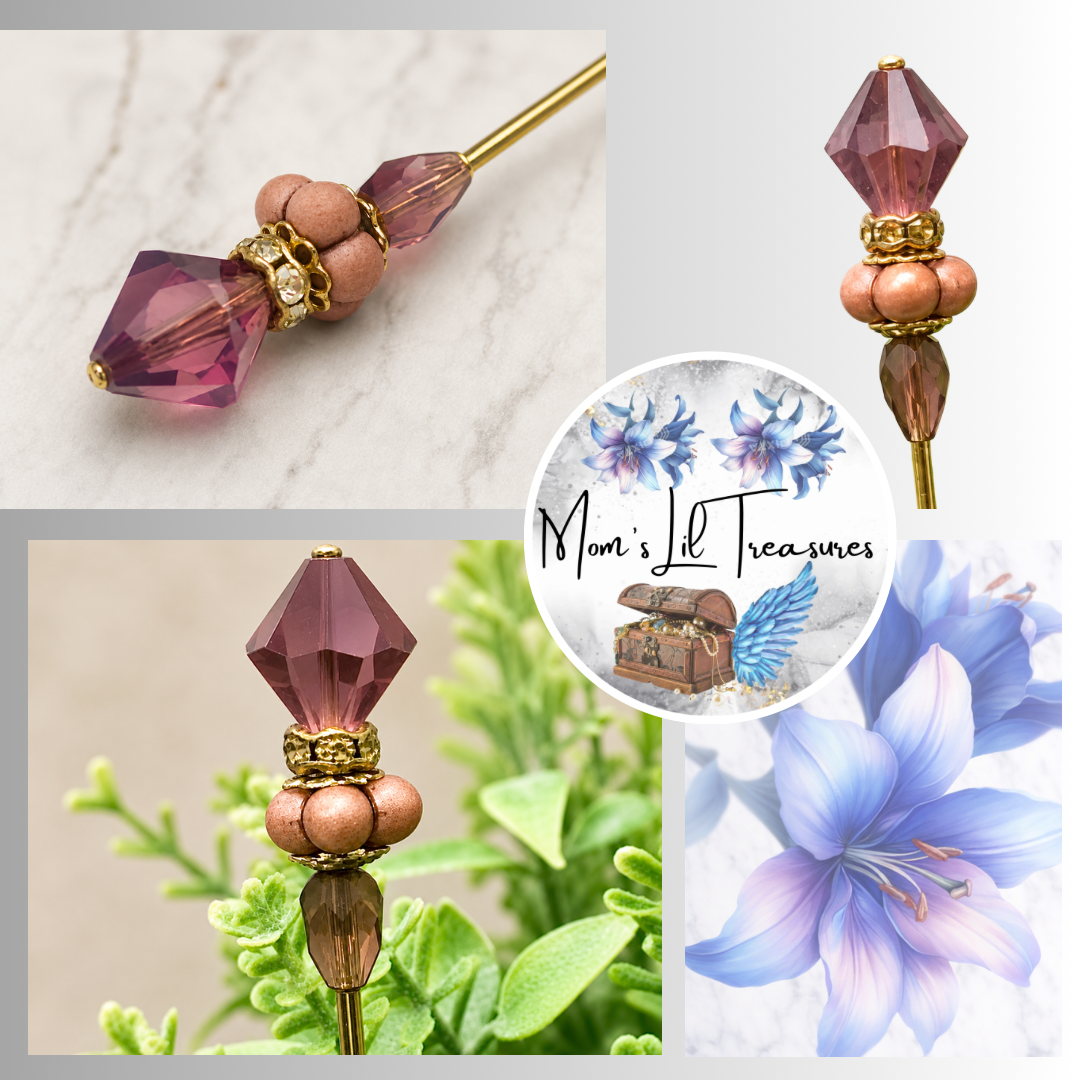 Dusky Pink & Purple Crystal w/ Clear Rhinestone Accent - 6” Pin • Hatpin