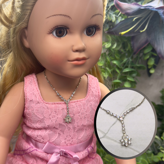Flower Y Style Rhinestone Silver Doll Necklace • 18 inch Fashion Doll Jewelry