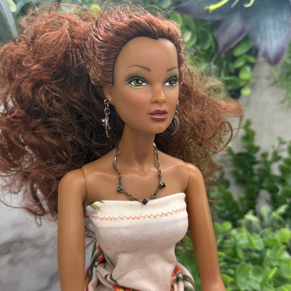 Black Rhinestone Bronze Copper Link Doll Necklace Earrings Set 16” Doll Jewelry