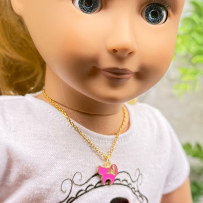Pink Enamel Cat Charm Gold Doll Necklace • 18 Inch Fashion Doll Jewelry