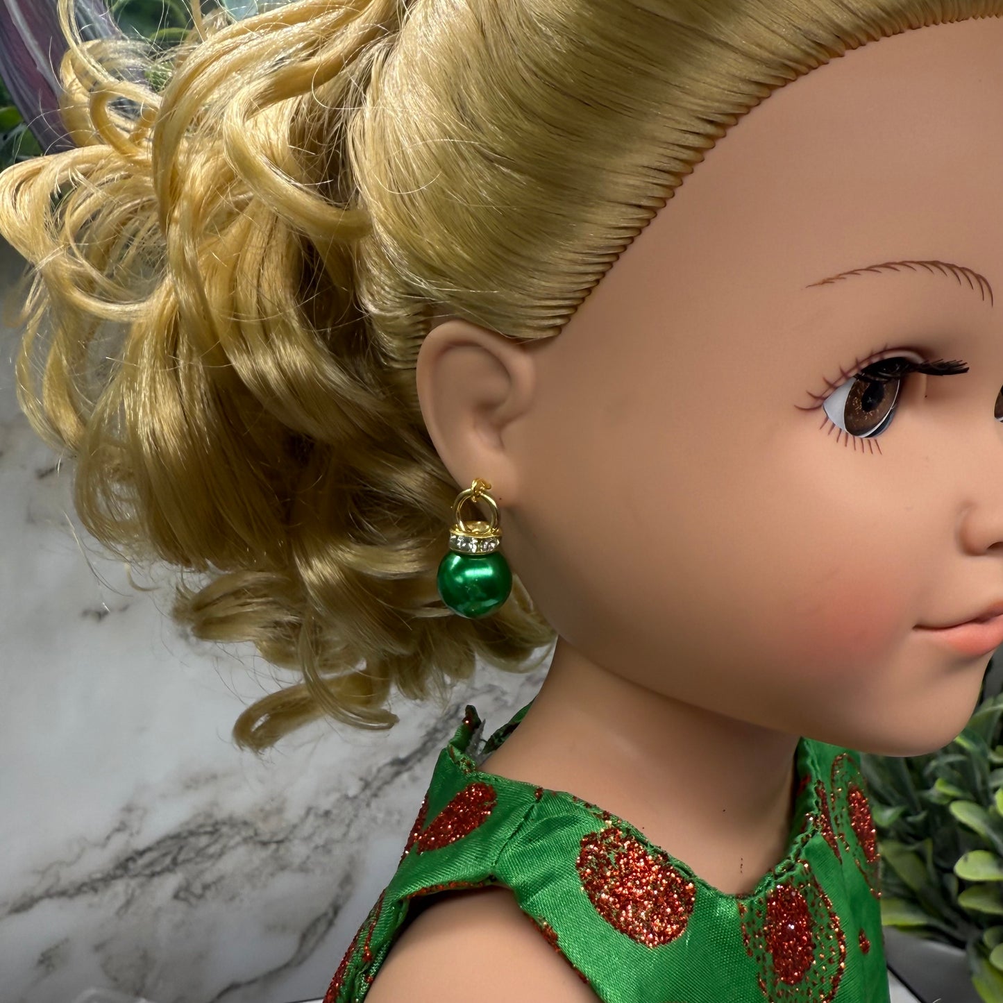 Green Christmas Ornament Charm Dangle Doll Earrings • 18 Inch Fashion Doll Jewelry