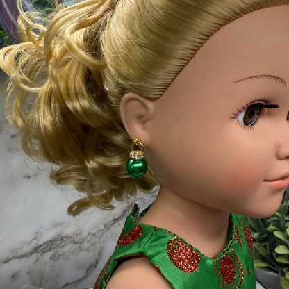 Green Christmas Ornament Charm Dangle Doll Earrings • 18 Inch Fashion Doll Jewelry