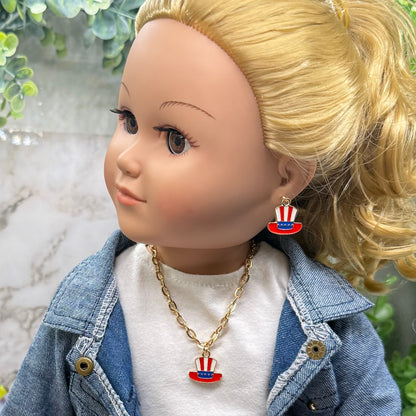 Red White Blue Patriotic Top Hat Charm Doll Necklace & Earrings for 18 Inch Fashion Doll