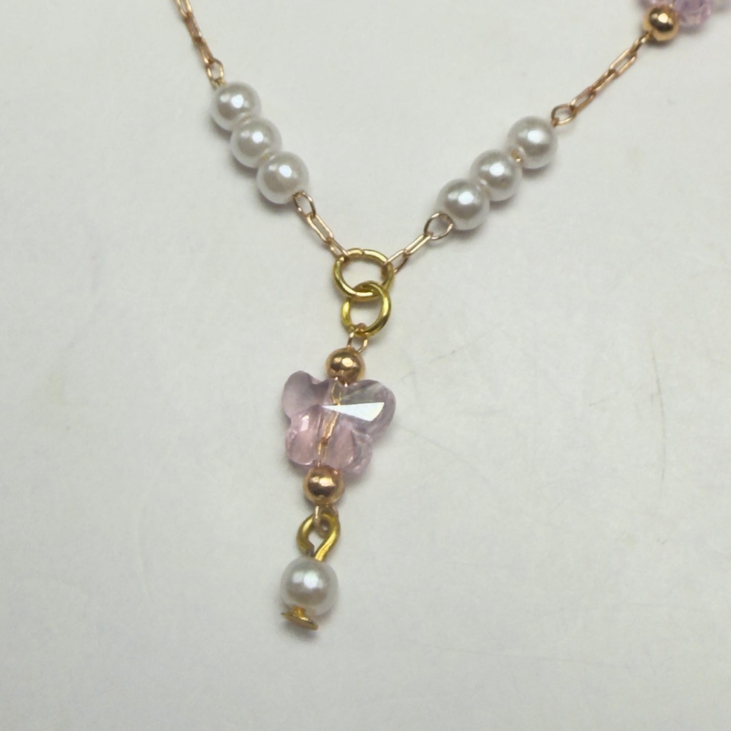 Pink Acrylic Crystal Butterfly & Pearl Gold Doll Necklace & Earrings • 18 Inch Fashion Doll Jewelry