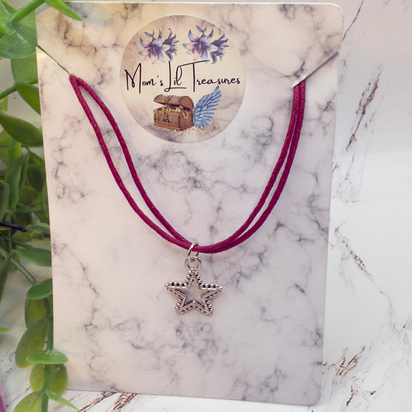 Silver Star Pendant Dark Burgundy Wine Red Fabric Cord Doll Necklace • 18 Inch Fashion Doll Jewelry