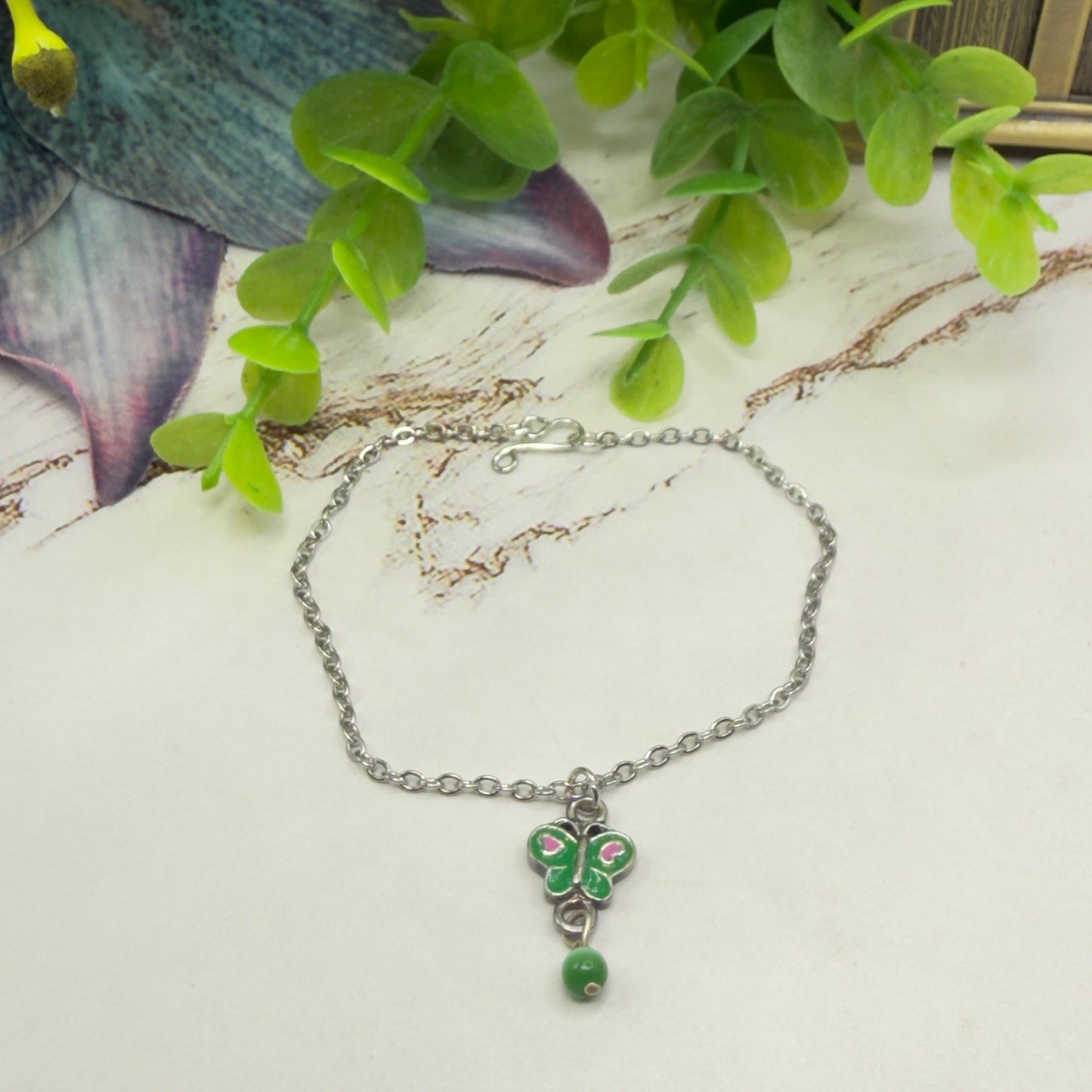 Green Pink Butterfly Charm Silver Chain Doll Necklace • 18 Inch Fashion Doll Jewelry