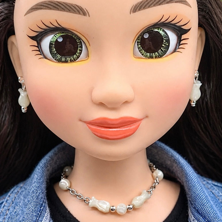 Cream Pearly Tulip Shape Beaded Doll Necklace Earring Set • 18 Inch Doll Jewelry