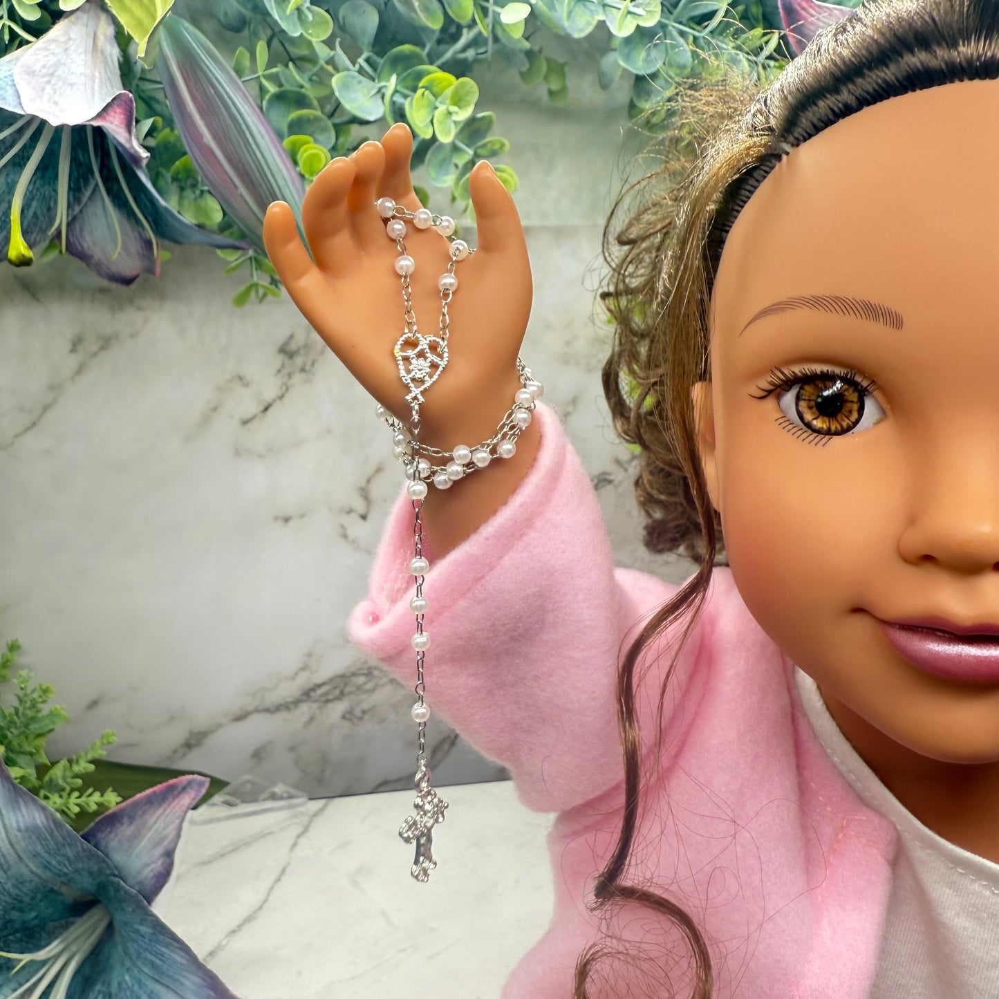 Pearl Beaded Silver Cross • Doll Size Catholic Rosary for 18-22” Fashion or Vintage Dolls