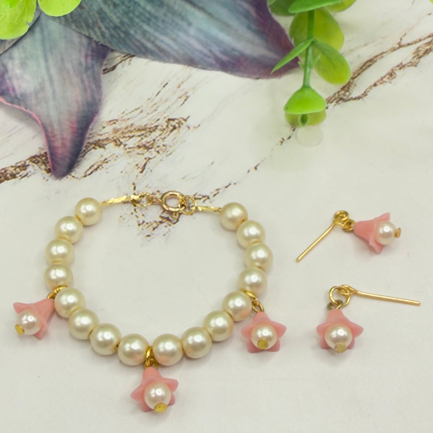 Light Pink Bell Flower Dangle Pearl Beaded Doll Necklace & Earrings • 14 Inch Fashion Doll Jewelry