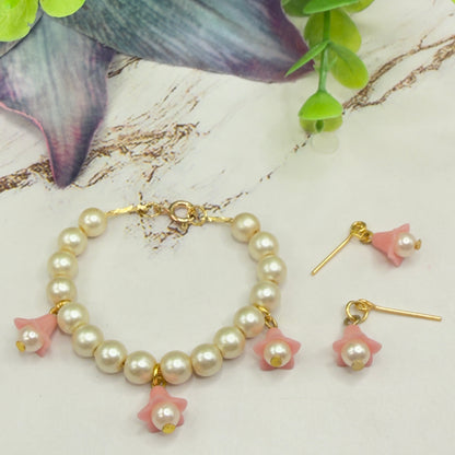 Light Pink Bell Flower Dangle Pearl Beaded Doll Necklace & Earrings • 14 Inch Fashion Doll Jewelry
