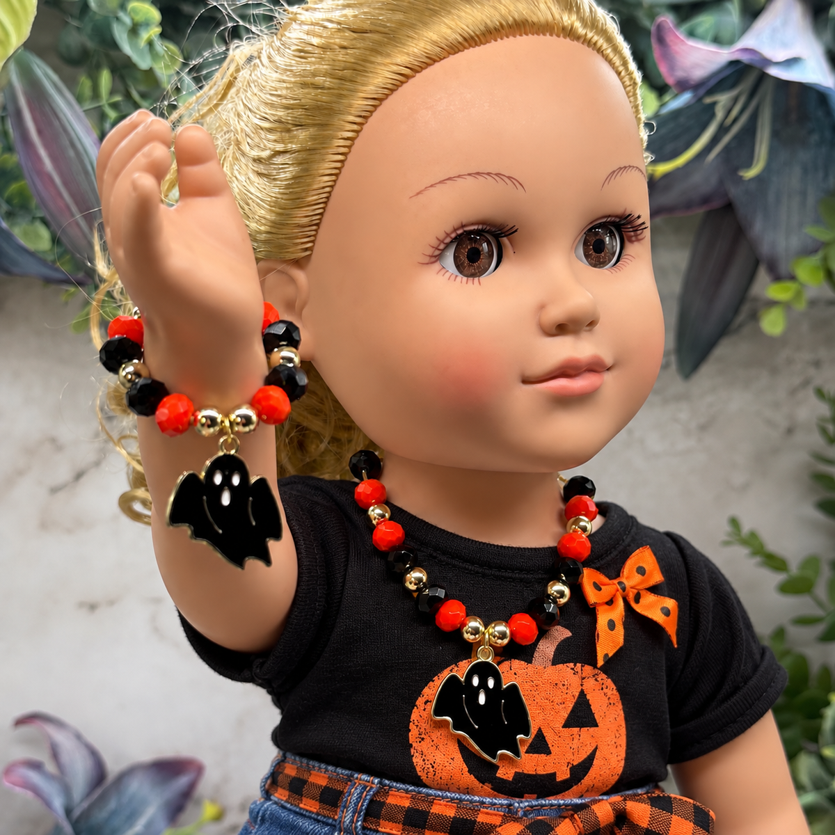Halloween Black Ghost Charm Red Black Gold Beaded Necklace & Bracelet Set | for 18 Inch Fashion Dolls