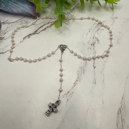 Cream Color - Off White Glass Crystal Beaded Silver Cross • Doll Size Catholic Rosary for 18-22” Fashion or Vintage Dolls