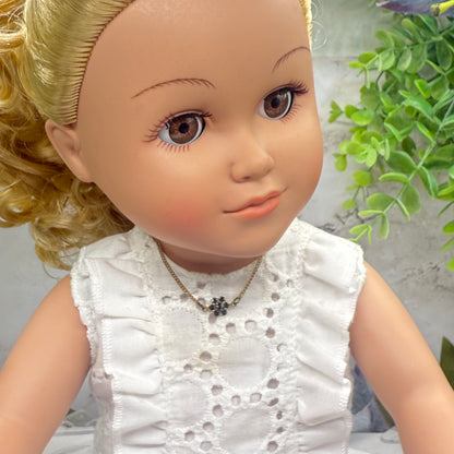 Tiny Blue Rhinestone Flower Gold Chain Doll Necklace • 18” Fashion Doll Jewelry