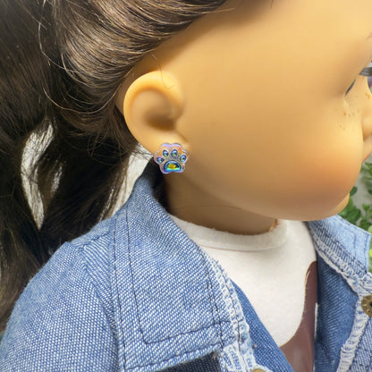 Blue Rainbow Effect Paw Print Post Doll Earrings • 2mm Post 18 Inch Fashion Doll