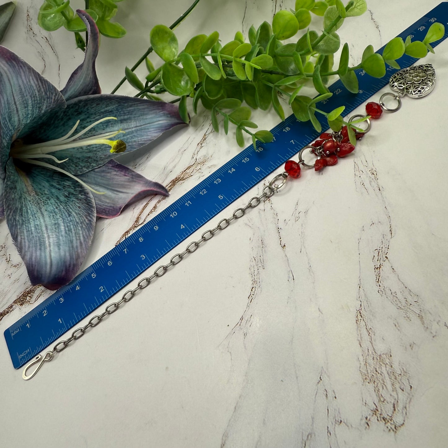 Red Stone Dangle Silver Heart Rhinestone Accents • Car Mirror Charm / Sun Catcher