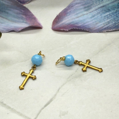 Gold Cross Blue Glass Doll Earring DANGLE ONLY • 18” Fashion Doll Jewelry