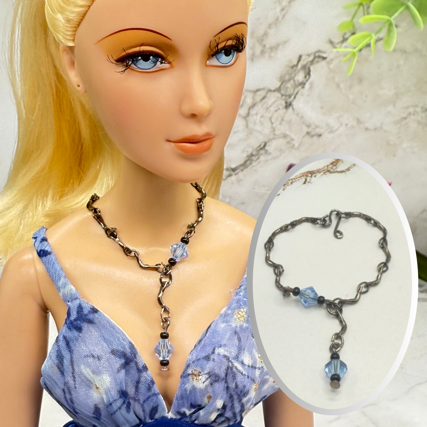 Blue Glass Crystal Gunmetal Silver Curved Link Doll Necklace • 16 Inch Fashion Doll Jewelry