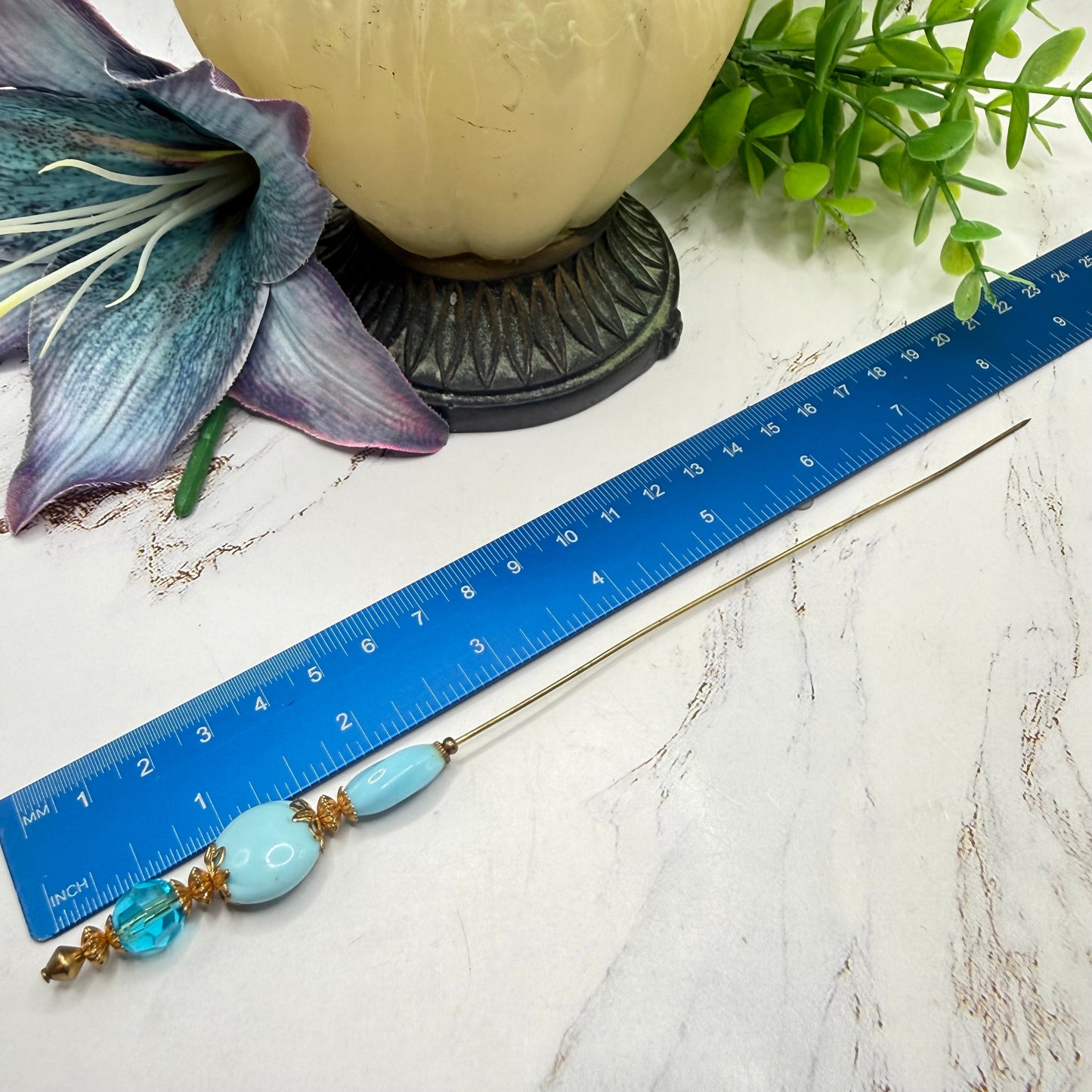 Robin’s Egg Blue Aqua Glass Bead Gold Filigree - 8 Inch Hatpin
