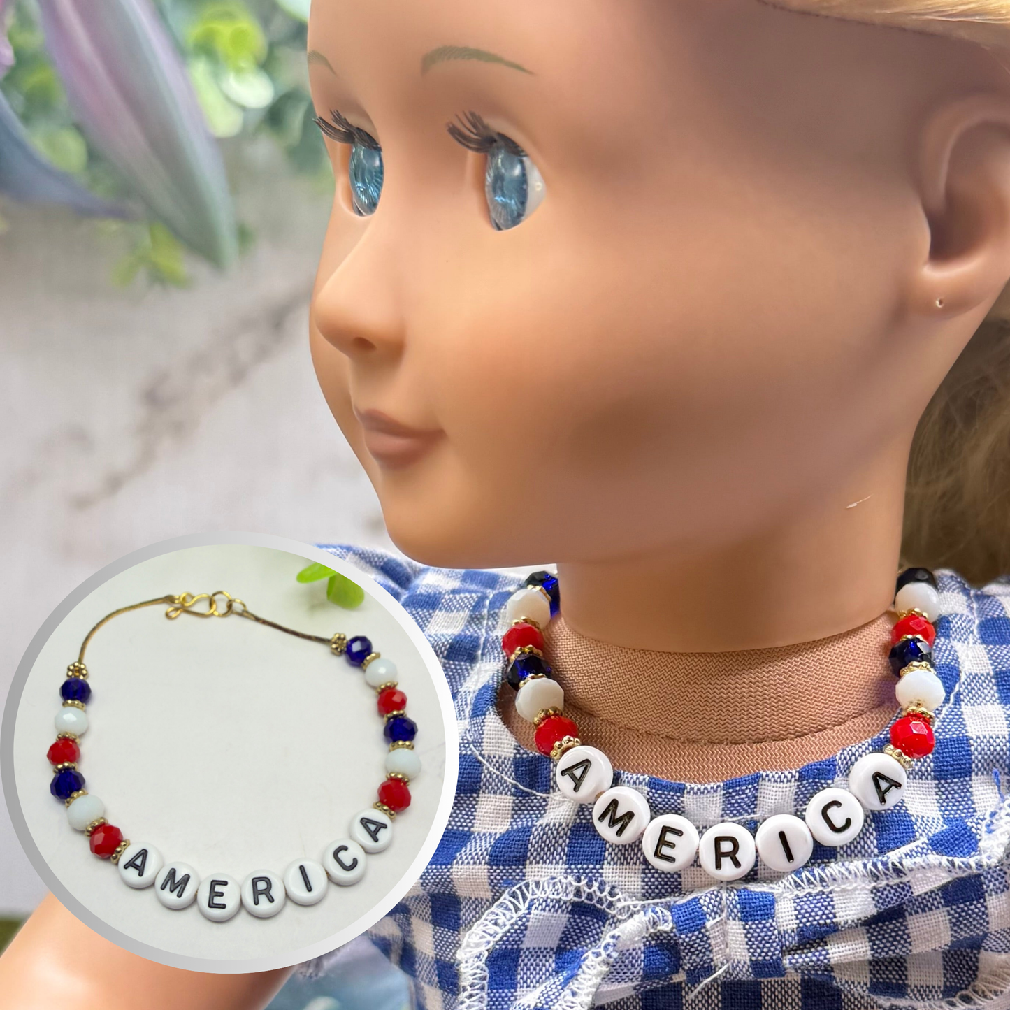 America Red White Blue Beaded Charm Doll Necklace for 18 Inch Fashion Doll