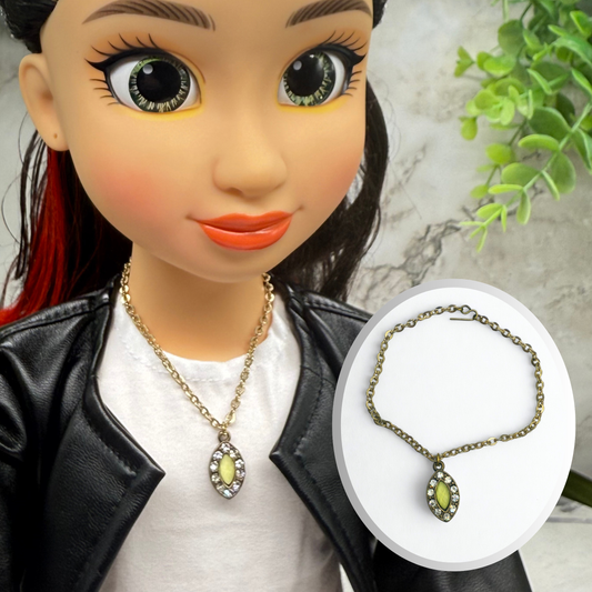 Oval Light Green Clear Rhinestone Pendant Gold Doll Necklace • 18 Inch Fashion Doll Jewelry