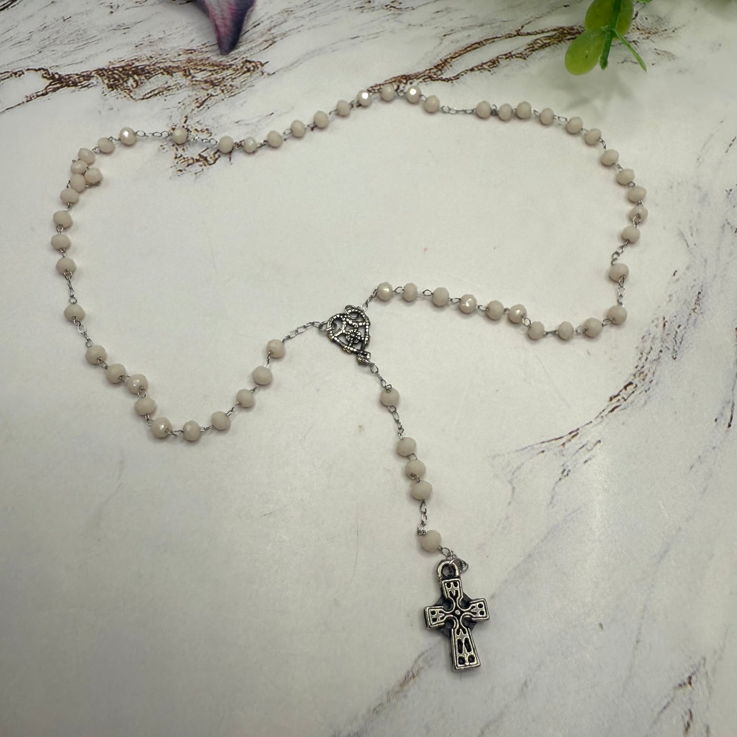 Cream Color - Off White Glass Crystal Beaded Silver Cross • Doll Size Catholic Rosary for 18-22” Fashion or Vintage Dolls