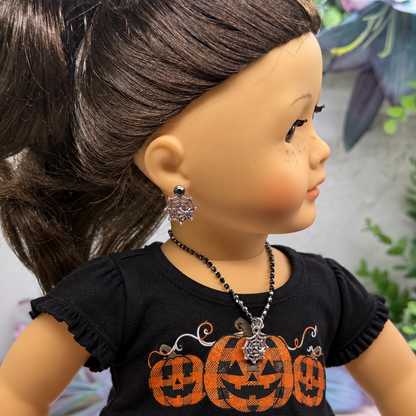Silver Spider Web Charm Black Rhinestone Doll Necklace & 2mm Post Earrings | for 18 Inch Dolls • American Girl