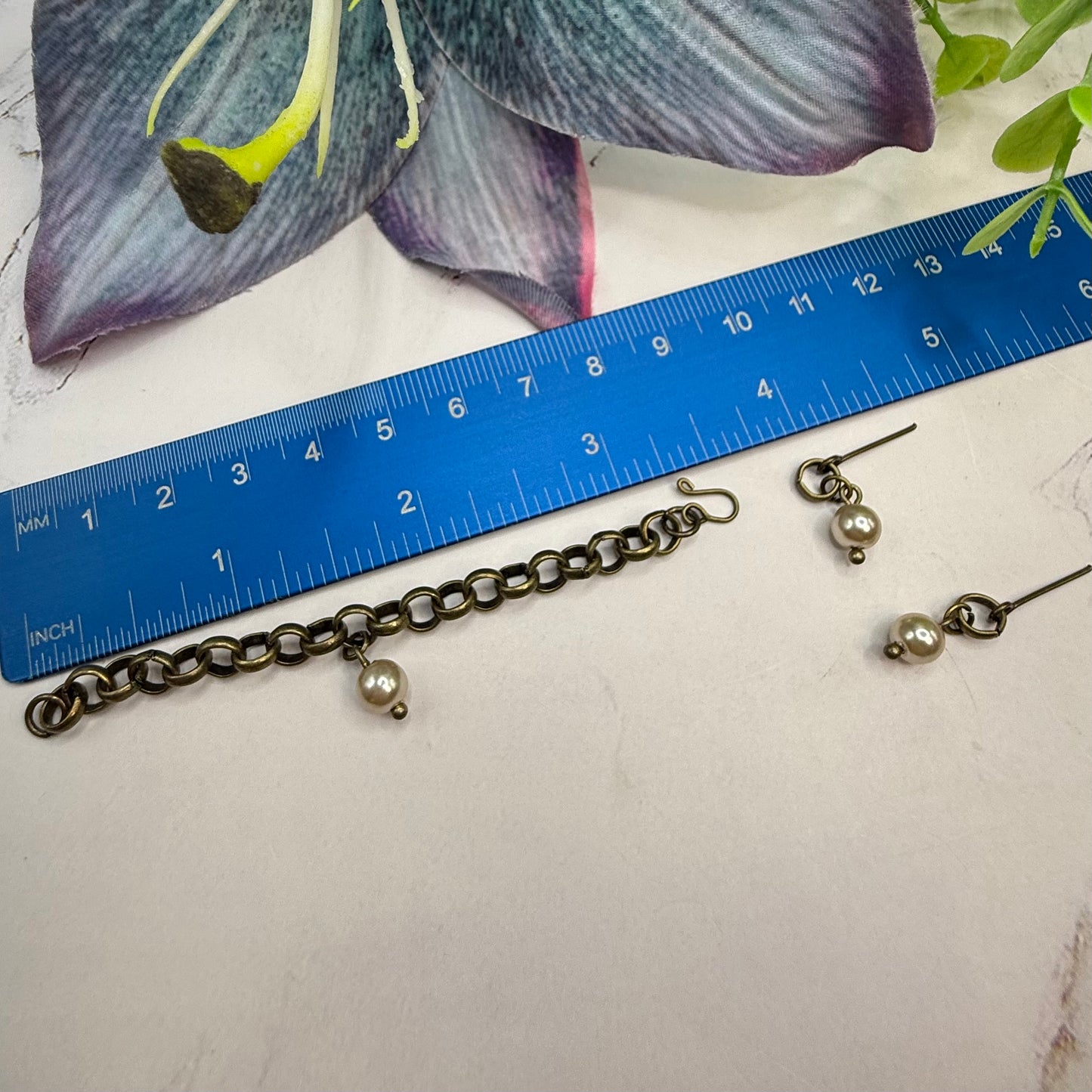 Brass Bronze Large Link Pearl Dangle Doll Necklace & Earrings Set • 16 Inch Fashion Doll Jewelry