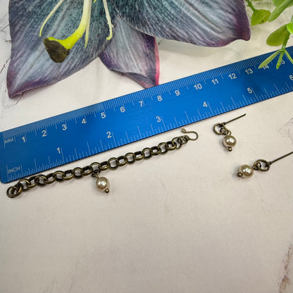 Brass Bronze Large Link Pearl Dangle Doll Necklace & Earrings Set • 16 Inch Fashion Doll Jewelry