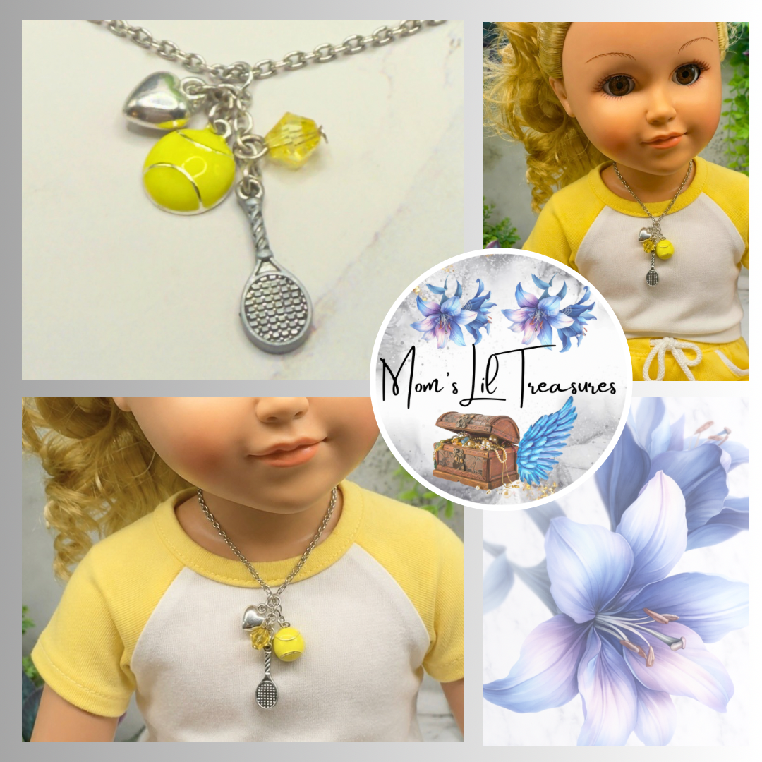 ✨Handmade Doll Jewelry Designed to Fit popular 18 Inch Fashion Dolls: add a stylish touch to your favorite doll!✨
Love Tennis Multi Charm Silver Doll Necklace
necklace shown on 18" My Life As doll 
Necklace chain measures 6.5 inches long