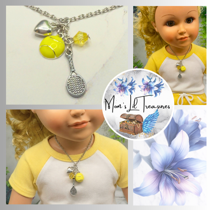 ✨Handmade Doll Jewelry Designed to Fit popular 18 Inch Fashion Dolls: add a stylish touch to your favorite doll!✨
Love Tennis Multi Charm Silver Doll Necklace
necklace shown on 18" My Life As doll 
Necklace chain measures 6.5 inches long