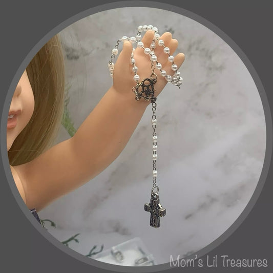 Catholic Rosary Pearl Silver Doll Size for 14-22” Fashion Doll or Vintage Dolls