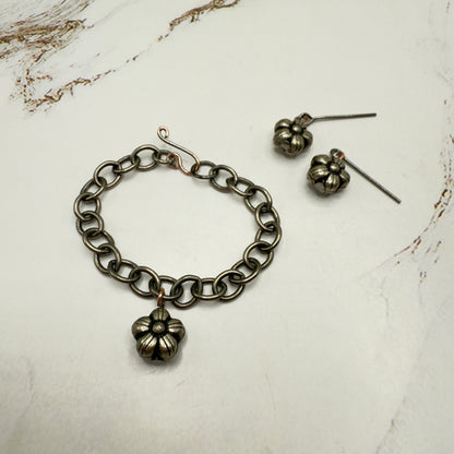 Flower Dangle Gunmetal Dark Silver Doll Necklace & Earrings • 14 Inch Fashion Doll Jewelry